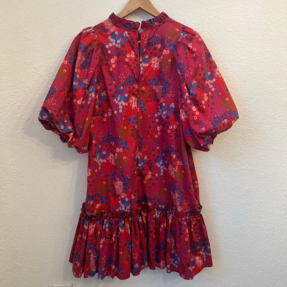 Tyler Boe Sammy Dress Large Red Wild Flowers Puff Sleeve Tiered Cottage Modest - Picture 6 of 14